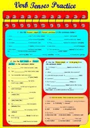 English Worksheet: Verb tenses practice - present simple present continous,  past simple past continous, present perfect, future simple, to be going to 