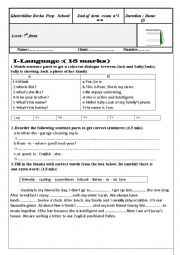 English Worksheet: End of term exam n1 for 7th form tunisian pupils