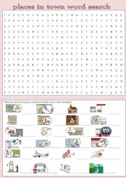 English Worksheet: places in town wordsearch