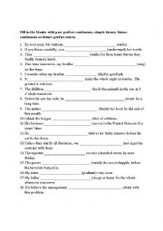 English Worksheet: Tenses (past perfect continuous, simple future, future continuous, future perfect)