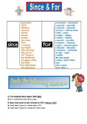 English Worksheet: since  &  for