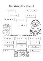English Worksheet: Days of the Week and Months of the Year missing letter
