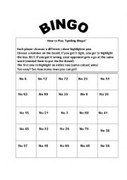 English Worksheet: Spelling Bingo Card - Editable