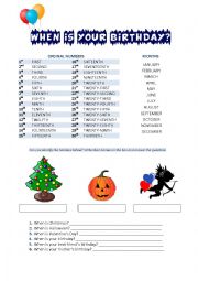 English Worksheet: Ordinal Numbers, Month and Holidays