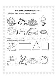 English Worksheet: Video worksheet ( toys, shapes and food)