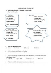 English Worksheet: Reading comprehension- choosing a restaurant