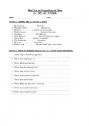 English Worksheet: Mini Test on Prepositions of Place IN / ON / AT / UNDER