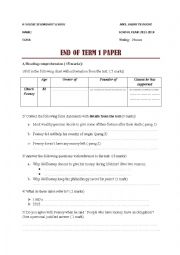 English Worksheet: end of term 1 paper( 3rd arts)