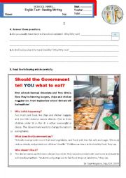 English Worksheet: Should the Government tell you what to eat? - Reading & Writing Test Pre-Intermediate B1