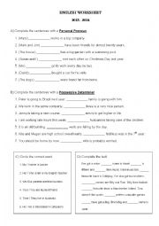 English Worksheet: Personal Pronouns and Possessive Determiners