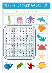 English Worksheet: Sea Animals Wordsearch