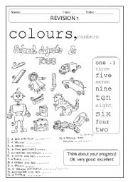 English Worksheet: toys, school objects, colours, numbers