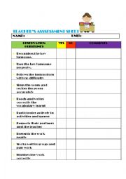 English Worksheet: Teacher`s assessment sheet