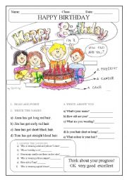 English Worksheet: BIRTHDAY PARTY (description, clothes, colours..)