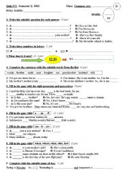 English Worksheet: A superfine Quiz n1 _ Semester 1 - Version -D- (2013) for elementary students  