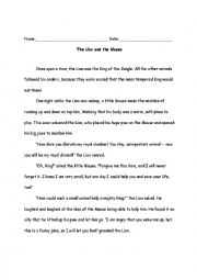 English Worksheet: The Lion and the Mouse: Fable & Reading Comprehension