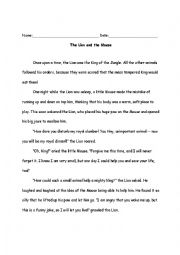 English Worksheet: The Lion and the Mouse: Fable & Reading Comprehension
