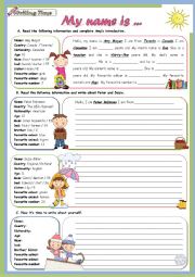 English Worksheet: Writing Time Series - My name is... (To Be) - Children