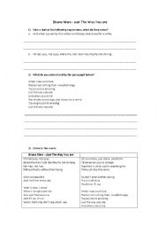 English Worksheet: Bruno Mars - Just the way you are - A2/B1