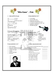 English Worksheet: Who Knew - Pink (Song activity)