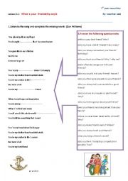 English Worksheet: Lesson 11:What`s your friendship style?