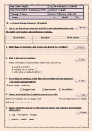 English Worksheet: Mid term Test 1 Fourth Form 