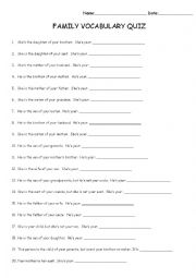 English Worksheet: Family Member Vocabulary Quiz / Worksheet (with Answer Key)