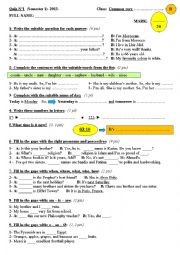 English Worksheet: Quiz n1 (with key) for elementary students - Semester 1 - Version -B- (2013) 