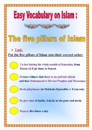 The five pillars of Islam - A vocabulary exercise! _ very useful (especially for Muslim countries) _ to be used as a warmer or filler 