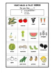English Worksheet: Vegetables & Fruit BINGO- Interview your classmates! Do you like~?