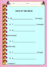 English Worksheet: Days of the Week