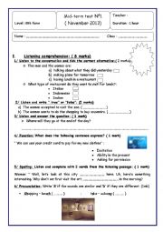 English Worksheet: Mid term test N�1 ( 8th form)