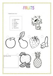English Worksheet: Fruits - Match and color.