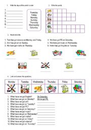 English Worksheet: Days of the week + school subjects