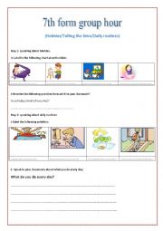 English Worksheet: hobbies/teling the time/daily routines