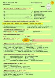 English Worksheet: A superfine Quiz n1 (with key) for elementary students - Semester 1 - Version -C- (2013) 