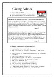 English Worksheet: Conversation - Giving Advice - Agony Aunt