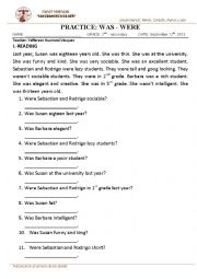 English Worksheet: simple past: was - were II