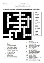 English Worksheet: Prepositions Crossword Puzzle