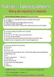 English Worksheet: Functions:  Expressing complaints  _ Making and responding to complaints (3 pages!)