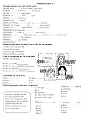 English Worksheet: greetings&personal description&family words&country-nationality&daily routines 