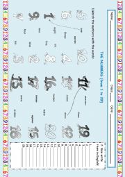 English Worksheet: Numbers- 1 to 20