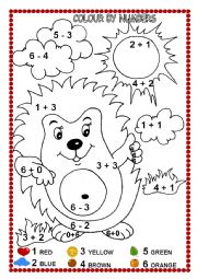 English Worksheet: COLOUR BY NUMBERS (HEDGEHOG)