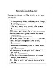English Worksheet: Personality vocabulary test
