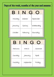 Bingo game: Days of the week; months of the year and seasons