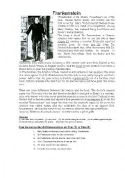 English Worksheet: Frankenstein - reading comprehension exercise