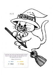 English Worksheet: Color By Numbers - Cat Halloween