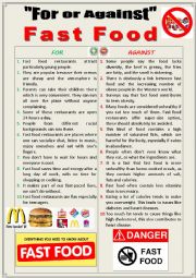 English Worksheet: For or against Fast Food (Debating)