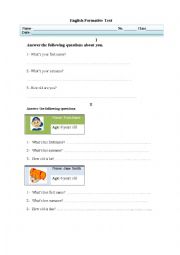 English Worksheet: Name Surname age cardinal numbers - Formative test