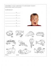 English Worksheet: Kevins shopping list - home alone - math - problem solving